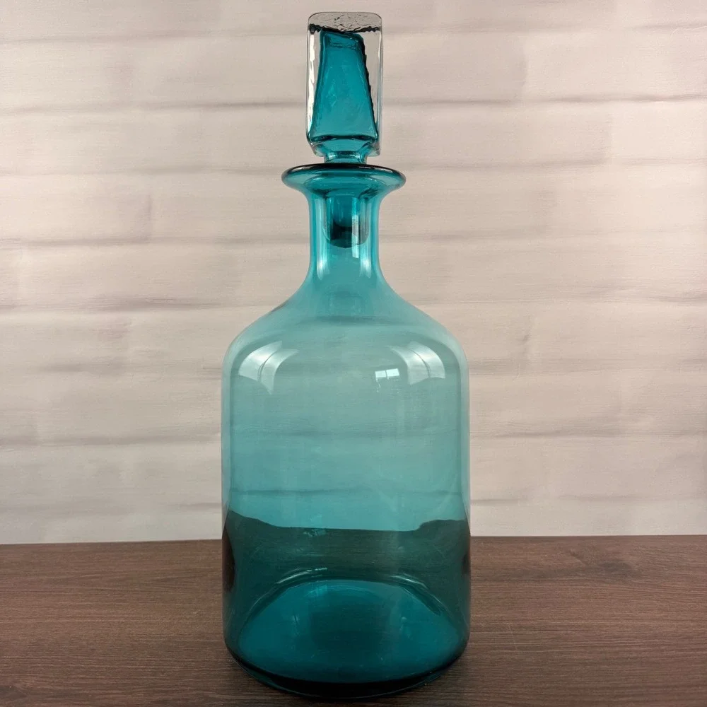 Z Gallerie Large Teal Blue Art Glass Decanter Square Stopper 17